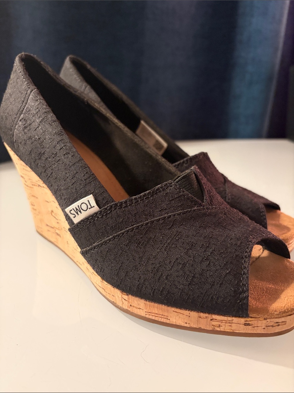 TOMS Black Cork Peep-Toe Wedge Sandals